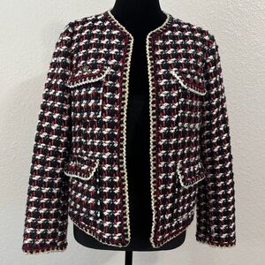 Zara Size M Tweed Jacket Open Front Preppy Red Navy Blue Textured Boucle Blazer